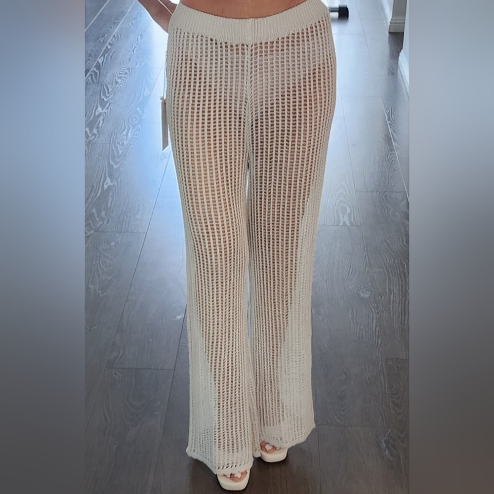 Sexy see-through knit pants in silver with elastic waist